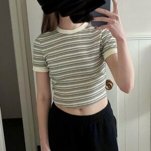 Cream and Black Short Sleeve Ribbed Crop Top